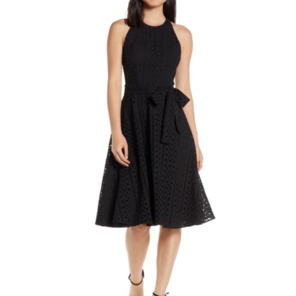 Charles Henry Belted and Flare Eyelet Midi Dress - Picture 1 of 6